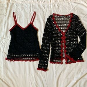 Wet Seal crochet tank top and cardigan in black with red trim